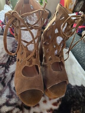 Yoki Tan Suede Lace-Up Cutout Peep-Toe Heels